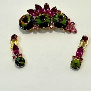 Vintage Juliana Rivoli Watermelon Rhinestone Brooch Earring Set